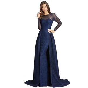 $398 Mac Duggal 12356D Navy Lace Long Sleeve Overskirt Illusion Gown 4 NEW